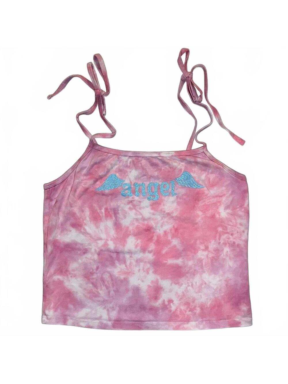 Dolls Kill Sugar Thrillz Pink Tie-Dye Angel Crop Top with Blue Glitter Wings